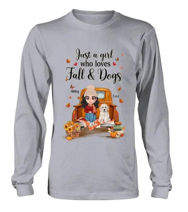 Personalized Autumn Dog Mom Shirt/Hoodie - Gift Idea For Dog Lovers - Up to 5 Dogs - Just A Girl Who Loves Fall And Dogs
