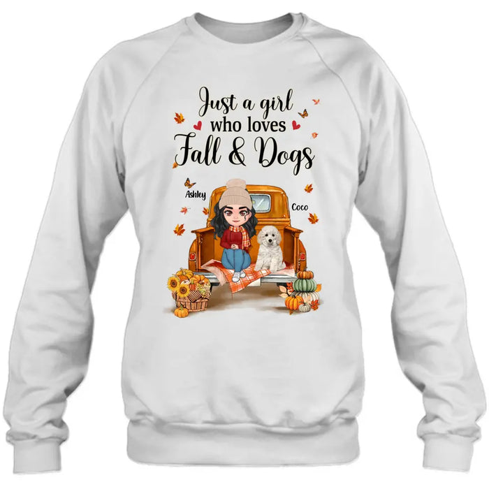 Personalized Autumn Dog Mom Shirt/Hoodie - Gift Idea For Dog Lovers - Up to 5 Dogs - Just A Girl Who Loves Fall And Dogs
