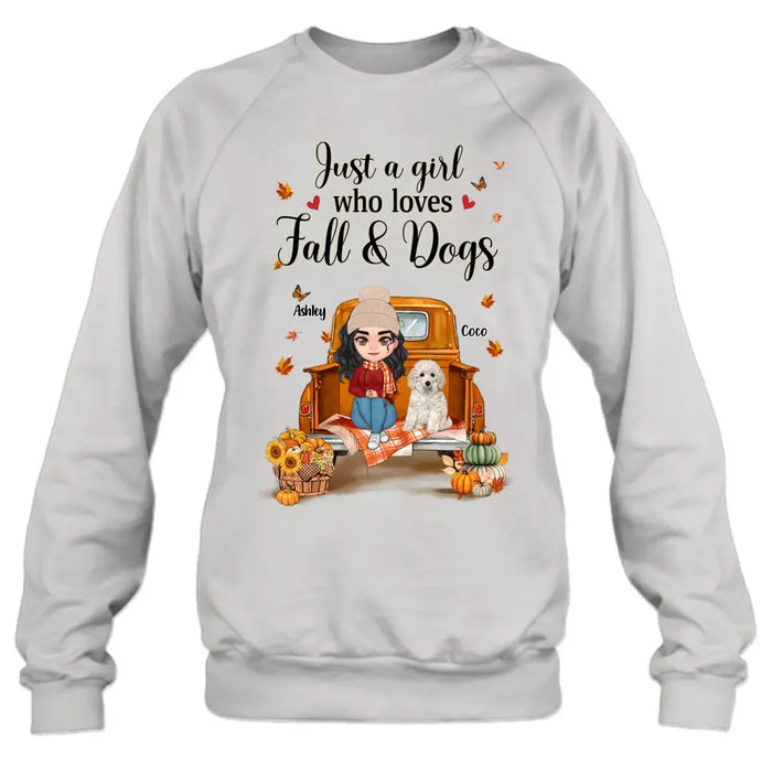 Personalized Autumn Dog Mom Shirt/Hoodie - Gift Idea For Dog Lovers - Up to 5 Dogs - Just A Girl Who Loves Fall And Dogs