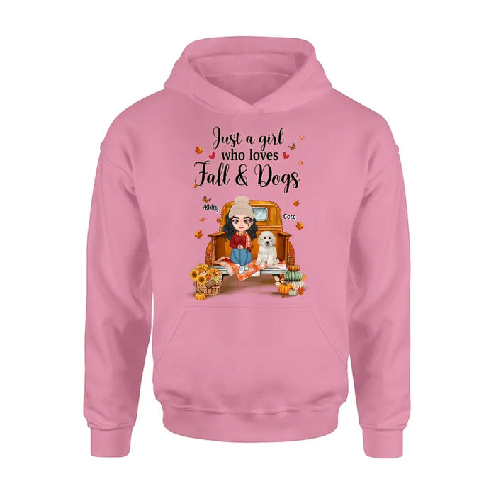 Personalized Autumn Dog Mom Shirt/Hoodie - Gift Idea For Dog Lovers - Up to 5 Dogs - Just A Girl Who Loves Fall And Dogs
