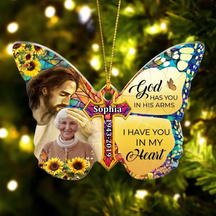 Personalized Memorial Butterfly Acrylic Ornament - Custom Photo Memorial Gift For Family Member - God Has You In His Arms I Have You In My Heart