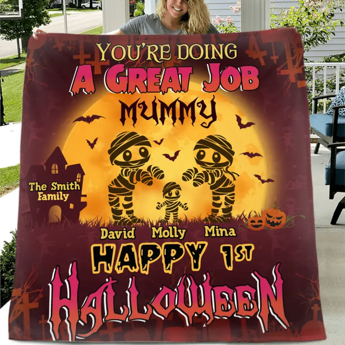 Personalized 1st Halloween Fleece Throw Blanket/Quilt - Gift Idea For Halloween/Family - You're Doing A Great Job Mummy Happy 1st Halloween