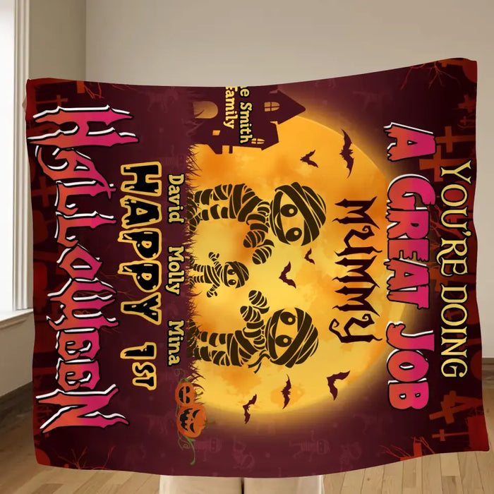 Personalized 1st Halloween Fleece Throw Blanket/Quilt - Gift Idea For Halloween/Family - You're Doing A Great Job Mummy Happy 1st Halloween