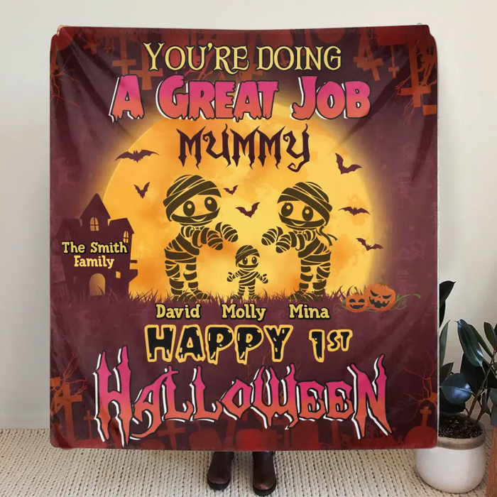 Personalized 1st Halloween Fleece Throw Blanket/Quilt - Gift Idea For Halloween/Family - You're Doing A Great Job Mummy Happy 1st Halloween