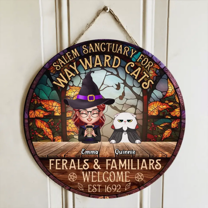 Personalized Witch Wooden Sign - Single/Couple with Up to 6 Cats/Dogs - Gift Idea For Halloween/Wicca Decor/Pagan Decor - Salem Sanctuary For Wayward Cats