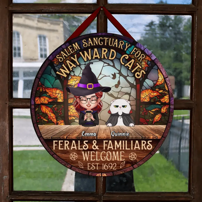 Personalized Witch Wooden Sign - Single/Couple with Up to 6 Cats/Dogs - Gift Idea For Halloween/Wicca Decor/Pagan Decor - Salem Sanctuary For Wayward Cats