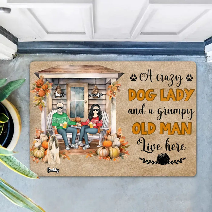 Personalized Autumn Couple Doormat - Up to 6 Dogs - Autumn/Halloween Gift Idea for Couple/Dog Owners - A Crazy Dog Lady And A Grumpy Old Man Live Here