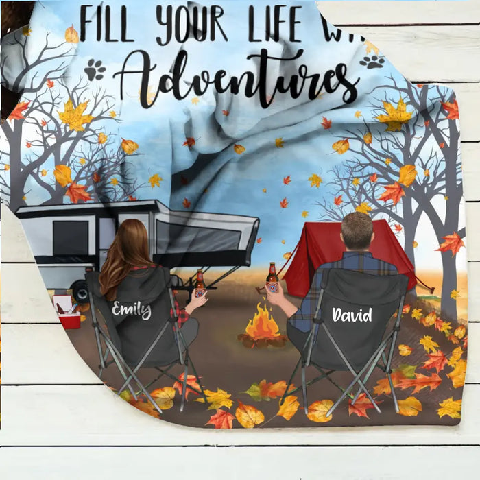 Personalized Autumn Camping Quilt/Fleece Throw Blanket - Couple/Parents With Up to 3 Kids And 3 Pets - Gift For Camping Lovers - Fill Your Life With Adventures