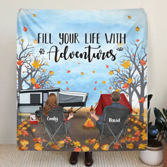 Personalized Autumn Camping Quilt/Fleece Throw Blanket - Couple/Parents With Up to 3 Kids And 3 Pets - Gift For Camping Lovers - Fill Your Life With Adventures