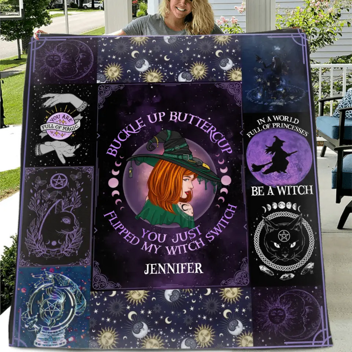 Personalized Witch Quilt/Fleece Throw Blanket - Halloween Gift Idea For Witch Lovers - Buckle Up Buttercup