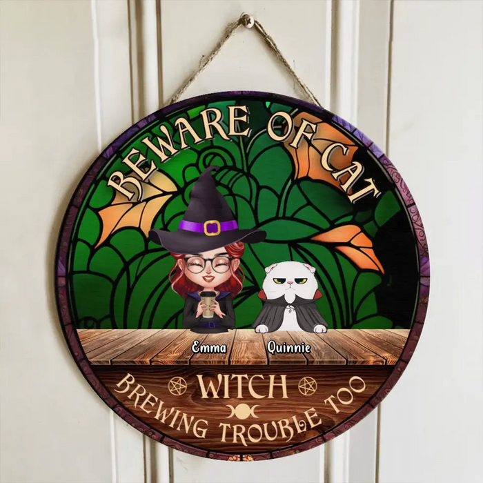 Personalized Witch Wooden Sign - Single/Couple with Up to 6 Cats/Dogs - Gift Idea For Halloween/Pet Lovers - Beware Of Cat Witch Brewing Trouble Too