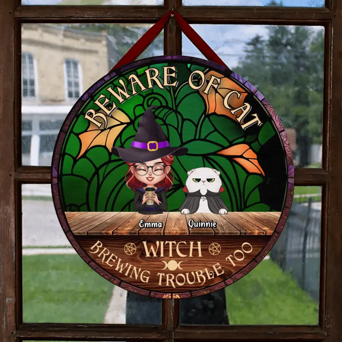 Personalized Witch Wooden Sign - Single/Couple with Up to 6 Cats/Dogs - Gift Idea For Halloween/Pet Lovers - Beware Of Cat Witch Brewing Trouble Too