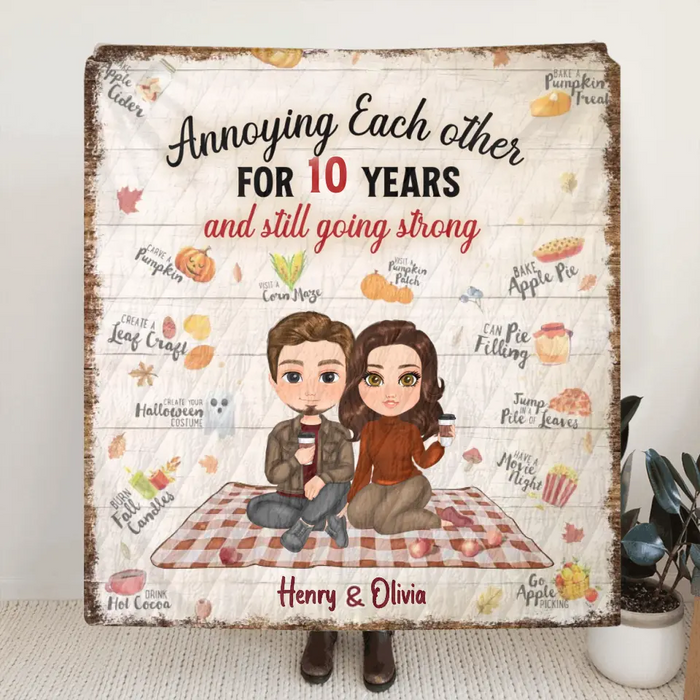Personalized Couple Fleece Throw Blanket/Quilt - Gift Idea For Couple/Anniversary - Annoying Each Other For 10 Years And Still Going Strong