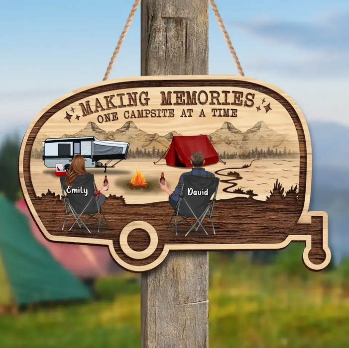 Personalized Camping Wooden Sign - Couple with Up to 2 Kids & 2 Pets - Gift Idea For Camping Lovers/Couple/Family - Making Memories One Campsite At A Time