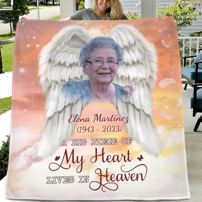 Personalized Memorial Photo Fleece Throw Blanket/Quilt - Memorial Gift Idea for Family - A Big Piece Of My Heart Lives In Heaven
