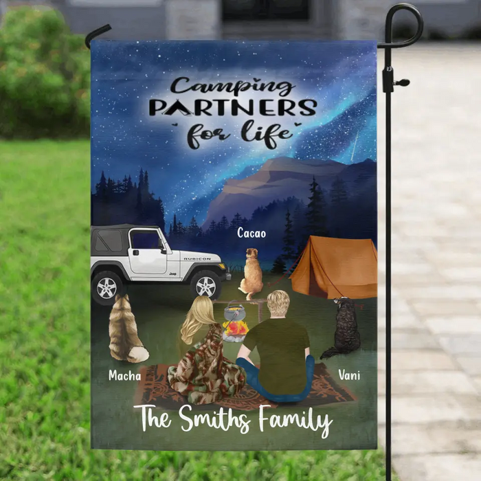 Personalized Night Camping Garden Flag - Best Gift For Camping Couple - Up to 3 Dogs - Family's Name - NIMLQ4