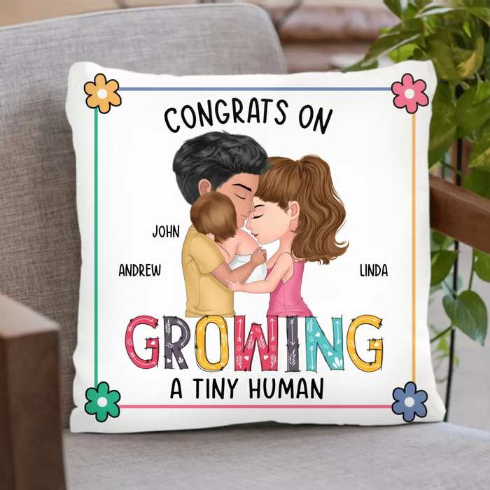 Personalized Family Pillow Cover/Fleece Throw Blanket/Quilt - Gift Idea For Parents & Baby - Congrats On Growing A Tiny Human