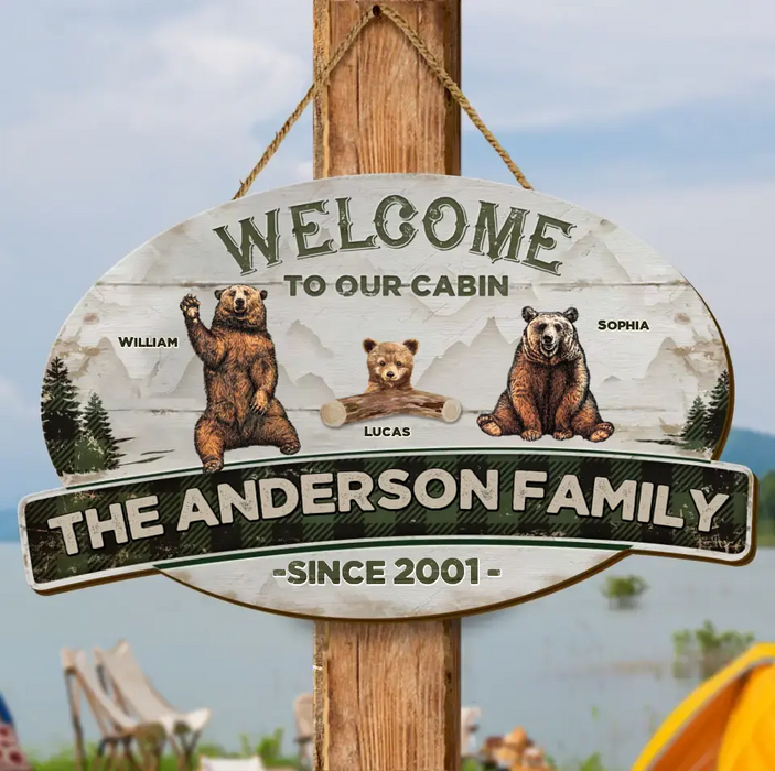 Personalized Cabin Wooden Sign - Gift Idea For Couple/Family/Camping Lovers - Couple/Adult With Up to 7 Kids - Welcome To Our Cabin