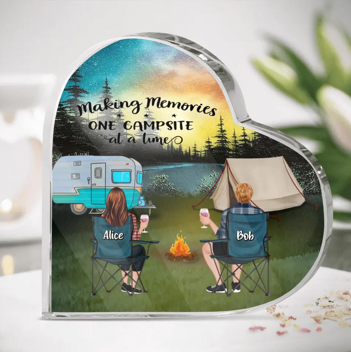 Personalized Camping Moon Heart-Shaped  Acrylic Plaque - Adult/Couple/Parents With Up to 2 Kids And 3 Pets - Gift Idea For Camping Lover - Making Memories One Campsite At A Time