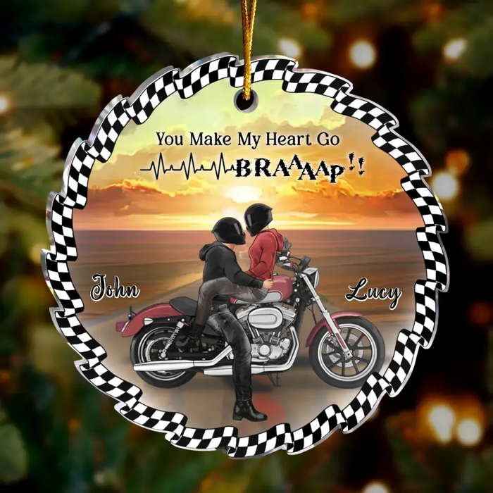 Personalized Biker Couple Acrylic Ornament - Gift Idea For Couple & Biker Lover - You Make My Heart Go Braaaap!