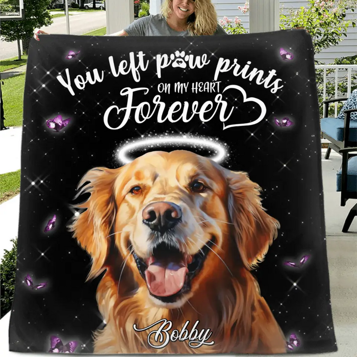 Personalized Memorial Pet Photo Fleece Throw Blanket & Quilt - Custom Pet Portrait - Memorial Gift Idea For Dog/Cat Lover - You Left Paw Prints On My Heart Forever