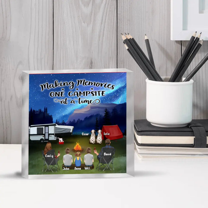 Personalized Camping Acrylic Plaque - Couple/Parents With Up to 3 Kids And 3 Pets - Gift Idea For Camping Lover - Making Memories One Campsite At A Time
