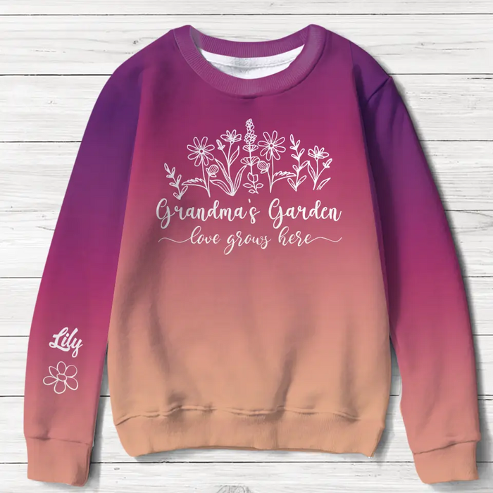 Personalized Grandma AOP Sweater - Up to 10 Children - Gift Idea for Grandma/Mother - Grandma's Garden Love Grows Here