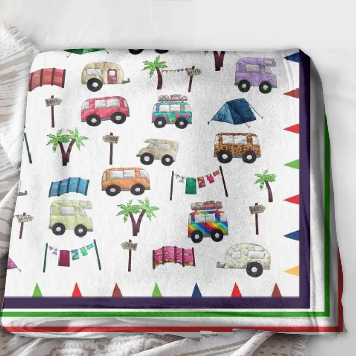 Cute Camping Camper Fleece Throw Blanket & Quilt - Gift Idea For Camping Lovers
