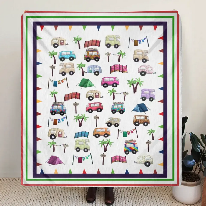 Cute Camping Camper Fleece Throw Blanket & Quilt - Gift Idea For Camping Lovers