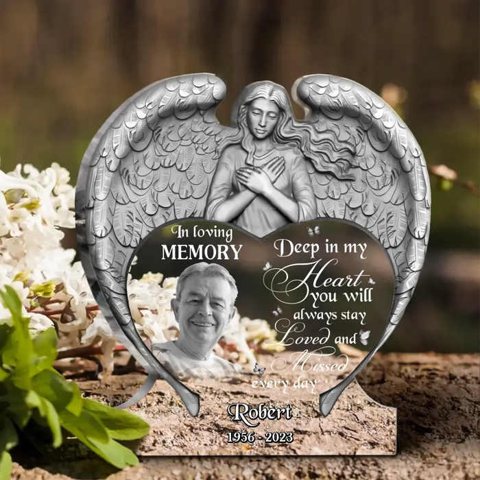 Personalized Angel Praying Memorial Acrylic Plaque - Upload Photo - Memorial Gift Idea For Christmas/Family Member - Deep In My Heart You Will Always Stay Loved And Missed Every Day