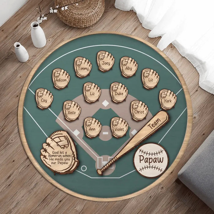 Personalized Baseball Round Rug - Up to 13 Kids - Gift Idea For Grandpa/Father/Baseball Lover - God Hit A Homerun When He Made You Our Papaw