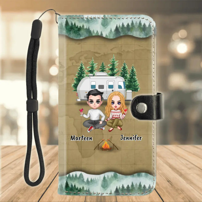 Personalized Camping Couple And Dog Flip Leather Purse For Mobile Phone - Up to 2 Dogs - Gift Idea For Dog/Camping Lovers - Camping Partners For Life