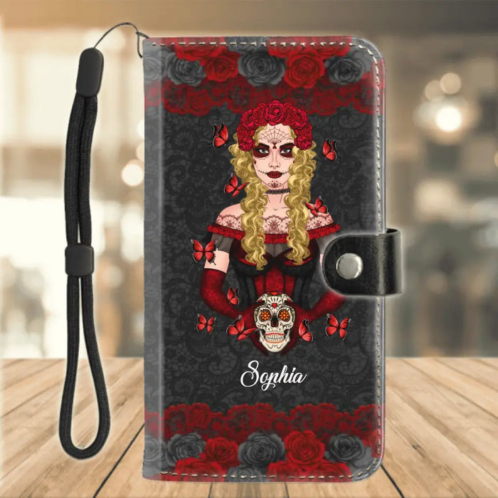 Personalized Sugar Skull Phone Wallet - Skull Gift For Girl - I'm Not Sugar & Spice