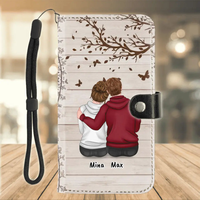 Personalized Half Wood Texture Couple Sitting Back View Phone Wallet - Gift For Him/For Her - To My Wife Never Forget That I Love You