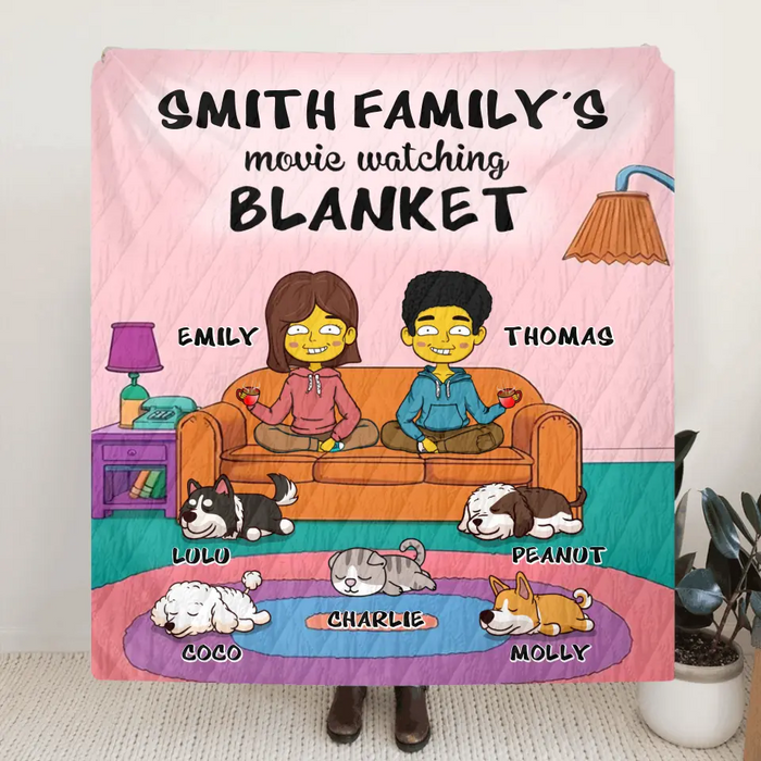 Personalized Couple Quilt/Fleece Blanket - Up to 5 Pets - Valentine Gift For Couple/Dog/Cat Lovers - Movie Watching Blanket