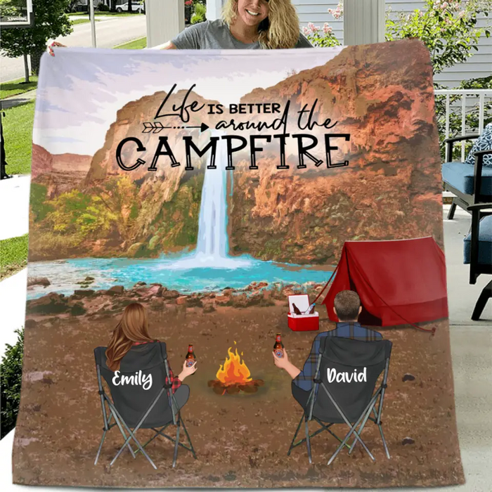 Personalized Havasu Falls Camping Fleece/Quilt Blanket - Adult/Couple With Up to 3 Kids And 3 Pets - Gift Idea For Family/Camping Lover - Life Is Better Around The Campfire