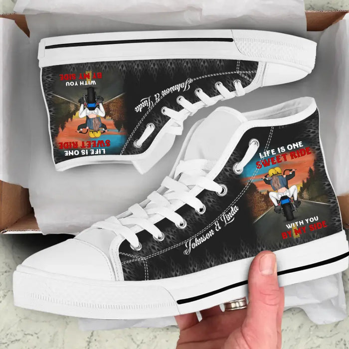 Personalized Riding Couple High Top Canvas Shoes - Gift For Couple/Husband & Wife/Motorcycle Lovers - Life Is One Sweet Ride With You By My Side