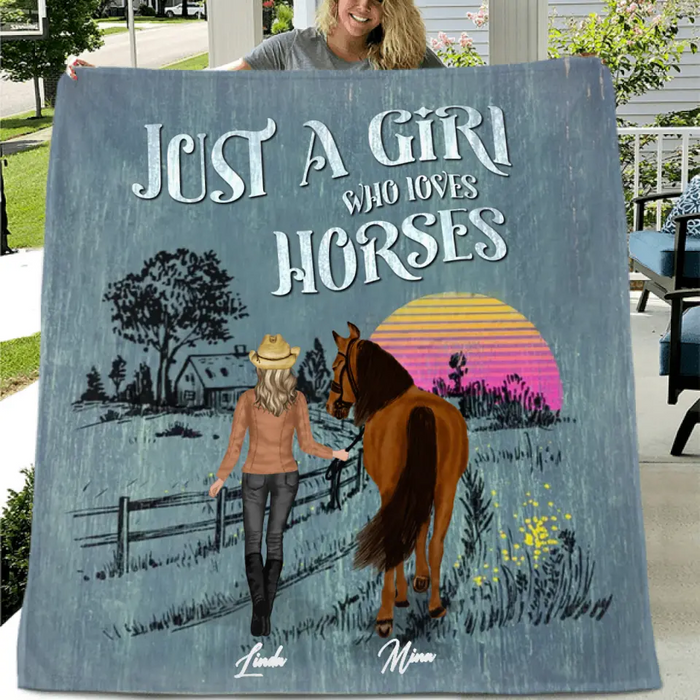 Personalized Horse Girl Quilt/Fleece Throw Blanket - Gift Idea For Girl/Horse Lovers - Up to 6 Horses - Just A Girl Who Loves Horses