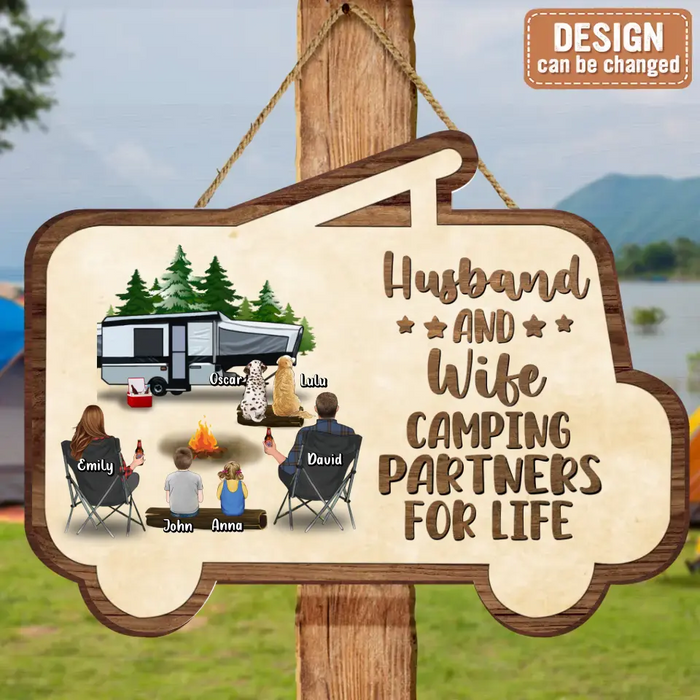 Personalized Camping Wooden Sign - Up to 2 Children & 3 Pets - Gift Idea For Camping Lovers - Husband And Wife Camping Partners For Life