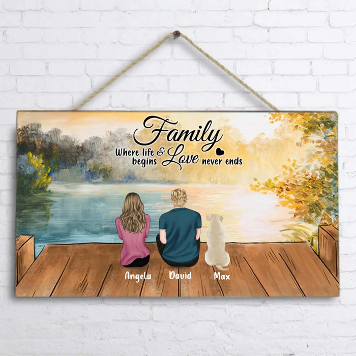 Personalized Family & Dog Rectangle Door Sign - Couple/Parents With Up to 3 Kids And 4 Dogs - Gift Idea For Dog Lover - Family Where Life Begins And Love Never Ends
