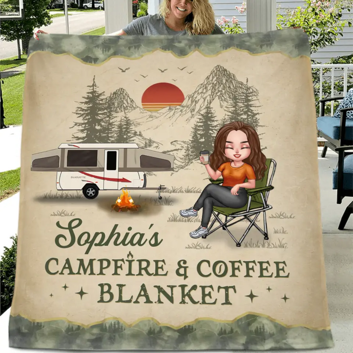 Personalized Camping Fleece Throw Blanket & Quilt - Gift Idea For Camping Lover - My Campfire & Coffee Blanket