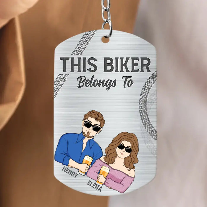 Personalized Biker Husband Aluminum Keychain - Couple With Up to 3 Kids - Gift Idea For Husband/Father - This Biker Belongs To