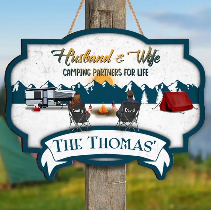 Personalized Camping Wooden Sign - Couple With Up to 2 Children & 3 Pets - Camping Lovers Gift Idea - Husband & Wife Camping Partners For Life