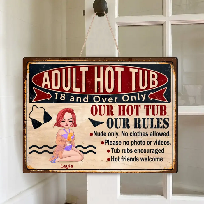 Personalized Adult Hot Tub Wooden Sign - Gift Idea For Beach Girl/Friends - Our Hot Tub Our Rules