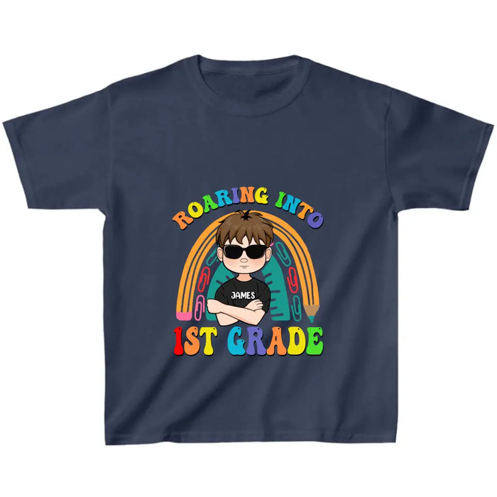 Personalized Back To School T-Shirt - Gift For Girls/Boys - Roaring Into 1St Grade