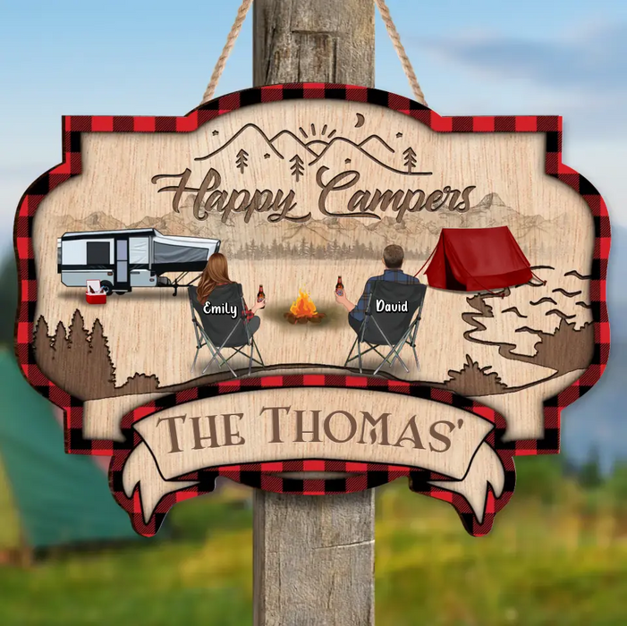 Personalized Camping Wooden Sign - Couple/Parents with Up to 2 Children & 3 Pets - Christmas Gift Idea For Camping Lovers/Couple/Family - Happy Campers
