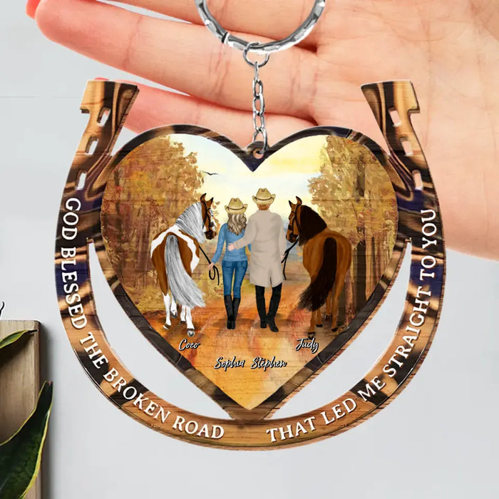 Personalized Couple Cowboy And Cowgirl Wooden Keychain - Gift Idea For Couple/Horse Lover - God Blessed The Broken Road That Led Me Straight To You