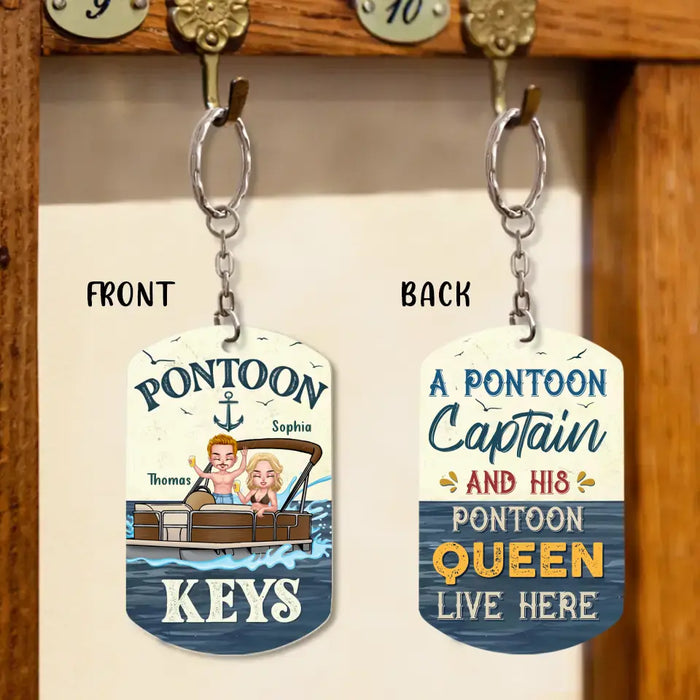 Personalized Pontoon Couple Aluminum Keychain -
Gift Idea For Couple/Him/Her/Pontoon Lovers - A Pontoon Captain And His Pontoon Queen Live Here