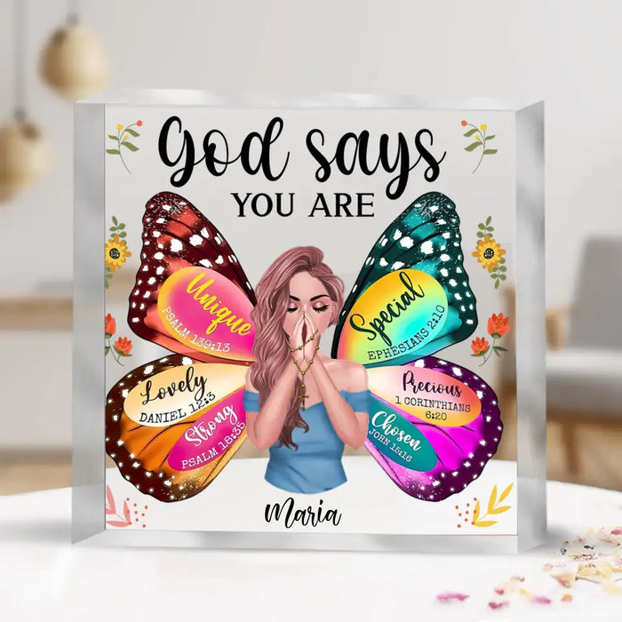 Personalized Prayer Square Acrylic Plaque - Christian Gifts - God Says You Are Unique Special Lovely Precious