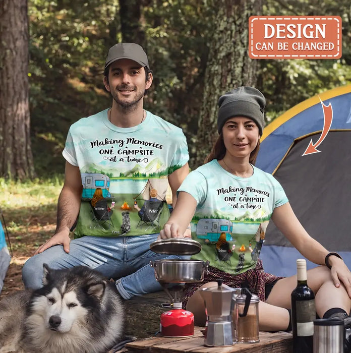 Personalized Camping AOP T-Shirt - Couple/Parents With Pets And Kids - Gift For Camping Lover/Couple/Family - Making Memories One Campsite At A Time